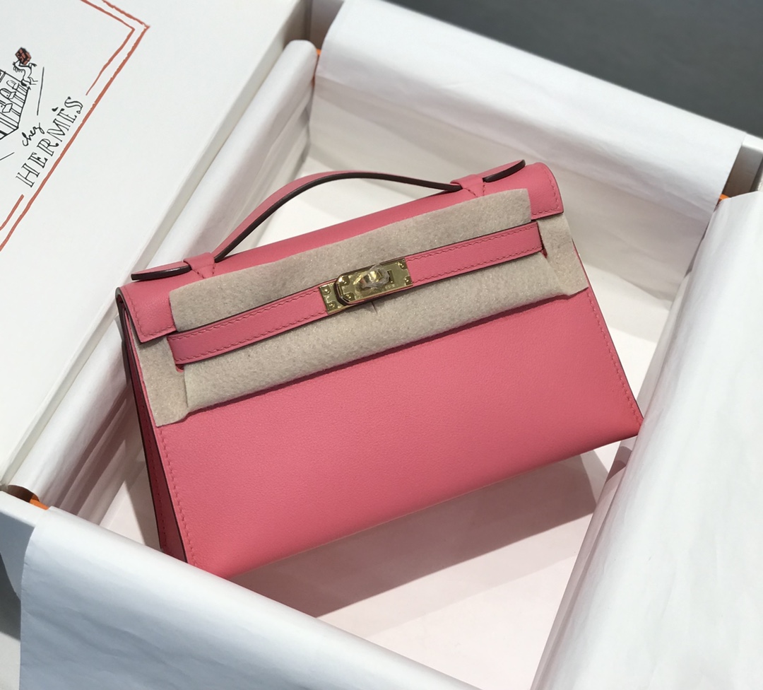 Hermes Mini Kelly Pochette 22cm Bag In Rose Pink Swift Leather